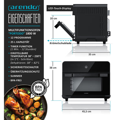 Arendo Heissluftfritteuse Multifunktionsofen – 25L Edelstahl