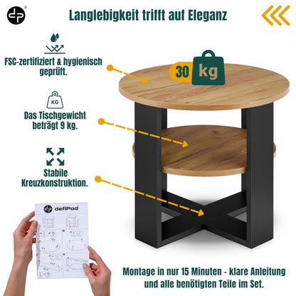 defiPad Couchtisch rund Eiche Ø 53 cm – Beistelltisch mit Ablage