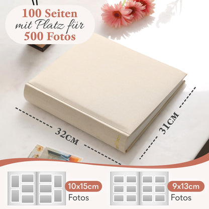 Zeitloos Fotoalbum zum Einkleben, Leinen Beige, 100 Seiten