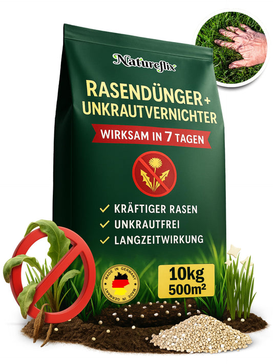 Natureflix Rasendünger mit Unkrautvernichter – extra stark 10kg. Grünlich-braunes Granulat nährt Rasen und vernichtet Unkraut.