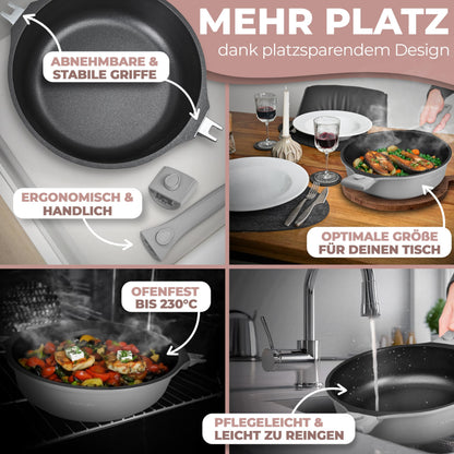 TRAUMLEBEN Bratpfanne 28 cm mit Deckel, abnehmbare Griffe, ofenfest