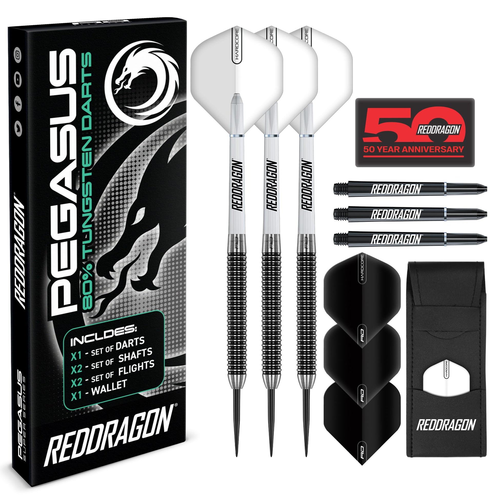 Red Dragon Pegasus Steeldarts 23 g – 80 % Tungsten Dartpfeile Set mit schwarz-weissen Flights und Schäften