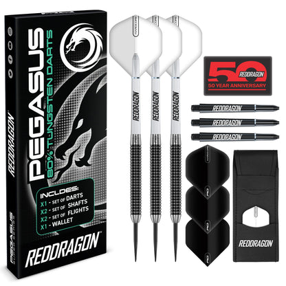 Red Dragon Pegasus Steeldarts 23 g – 80 % Tungsten Dartpfeile Set mit schwarz-weissen Flights und Schäften