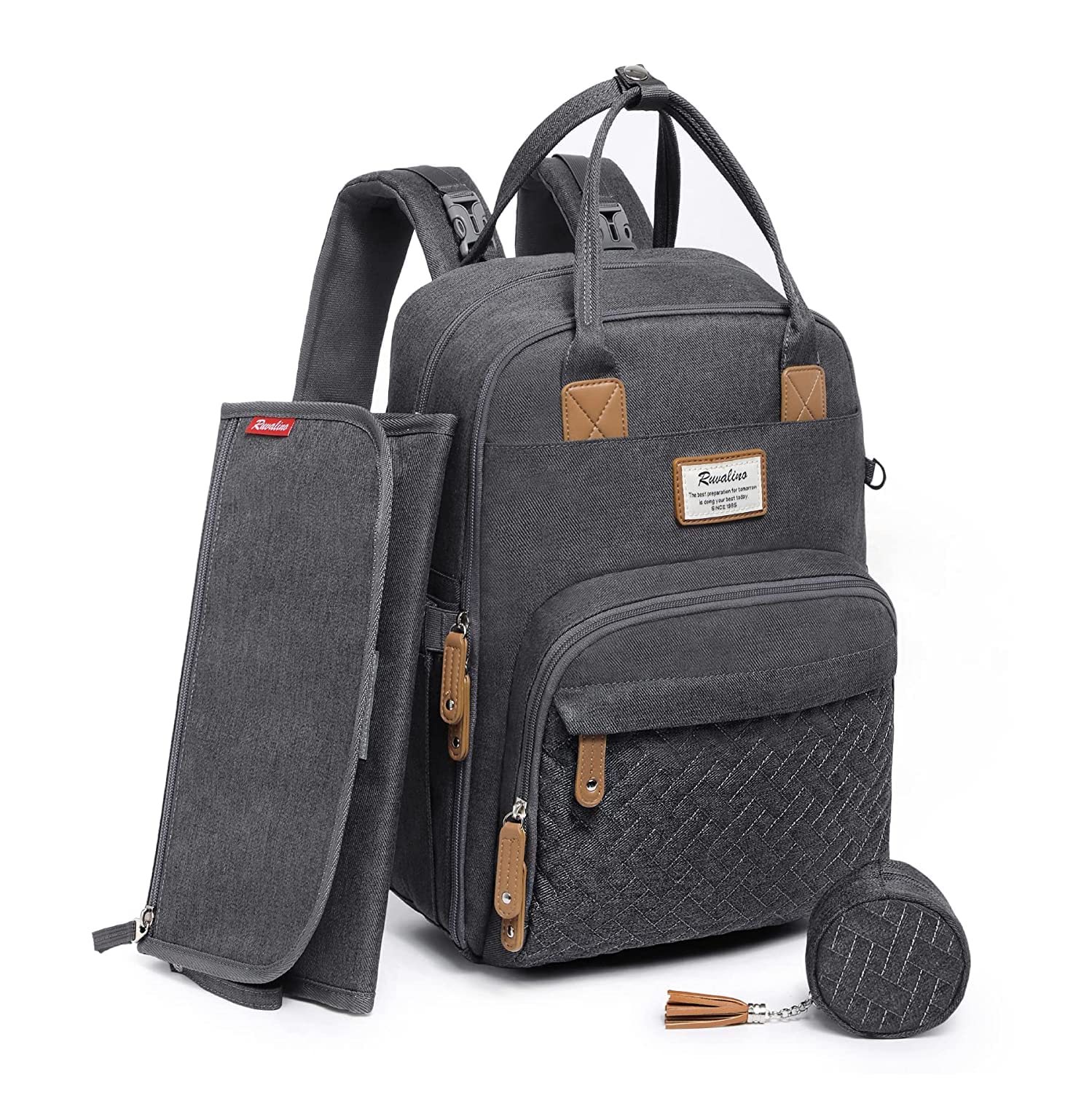 RUVALINO Wickelrucksack mit Wickelauflage und Schnullerhalter, Grau, aus wasserfestem Stoff