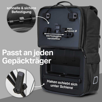 otinga Flip V3 Fahrradtasche Rucksack 34L für Gepäckträger