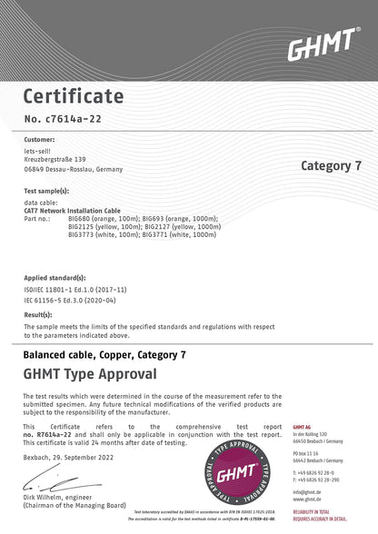 BIGtec CAT 7 Verlegekabel - 100m PiMF orange halogenfrei