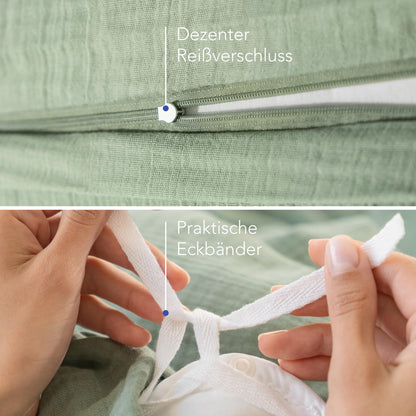 Dreamzie Musselin Baumwolle Bettwäsche Set – 220x240 cm Grün