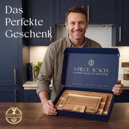 Deer & Oak Schneidebrett-Set Akazie, 3-teilig mit Ständer und Öl