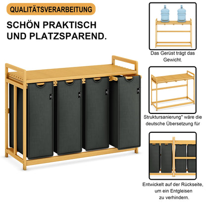 AdelDream Wäschekorb 200L mit 4 Fächern, Bambusrahmen, Grau