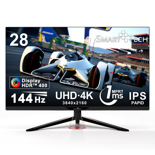 Smart Tech 28 Zoll UHD 4K 144Hz IPS Gaming Monitor - Schwarz. Schwarzer Bildschirm zur hochauflösenden Darstellung von 4K-Spielen bei 144Hz.