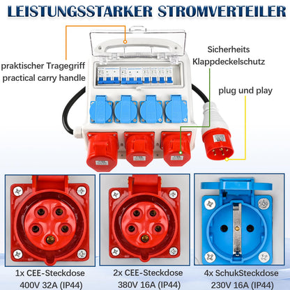 Warmfay Baustromverteiler – 4x Schuko, 2x CEE 16A, 1x CEE 32A IP67