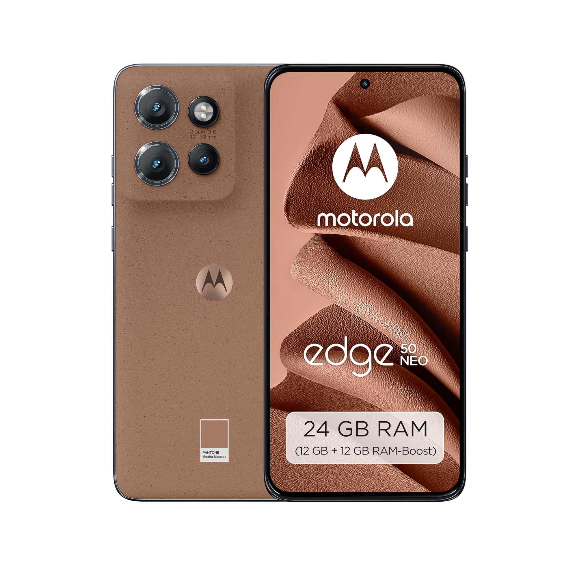 Motorola edge50 neo Smartphone 8/256 GB Mocha Mousse mit Schutzcover, Rückseite aus veganem Kunstleder