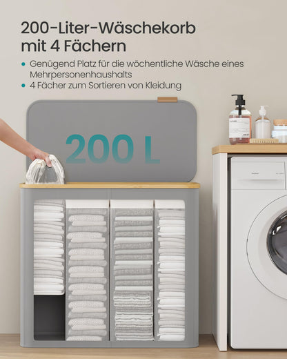 SONGMICS Wäschekorb mit Deckel, 4 Fächer, 200 L, faltbar, taubengrau