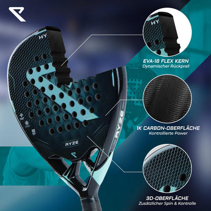 RYZE Hydra Padelschläger, 100 % Carbon, 365 g, mit Schutzhülle