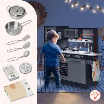 Mamabrum Kinderküche aus Holz mit LED, Spielküche Naturholz/Grau