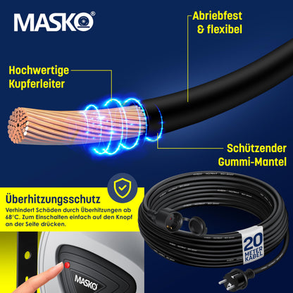 MASKO® Automatik Kabeltrommel Verlängerungskabel 20m mit 3-Fach Anschluss 180° drehbar 1,5m Zuleitung Wandhalterung Werkstatt Kabelaufroller Automatisch Stromtrommel Schlauchaufroller Inkl. Handschuhe