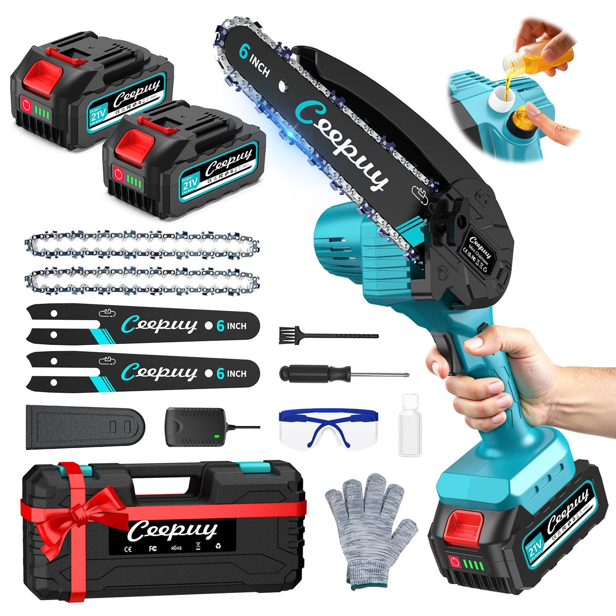 CEEPUY Mini Akku Kettensäge 6 Zoll mit 2 Akkus, 880 W Motor