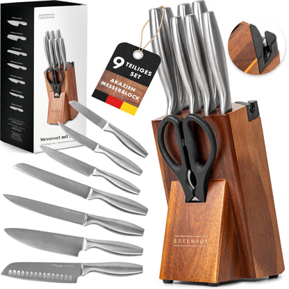 EDELHAUS Messerset Profi Messerblock - 9-teilig mit Schärfer. Block mit Messern (silberne Klingen, schwarze Griffe) und Wetzstahl zum Schneiden.