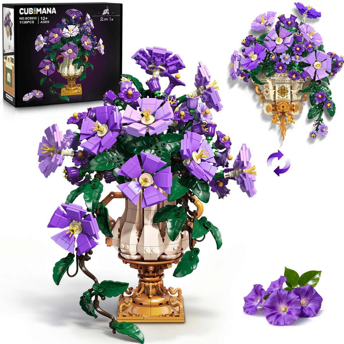CUBIMANA Prunkwinden-Bauset 2-in-1, Blumenbauset mit Vase, 1136 Teile – lila Blüten als Topfpflanze und Wanddeko