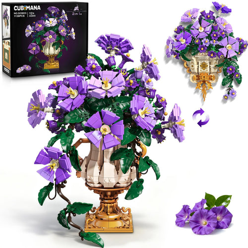 CUBIMANA Prunkwinden-Bauset 2-in-1, Blumenbauset mit Vase, 1136 Teile – lila Blüten als Topfpflanze und Wanddeko