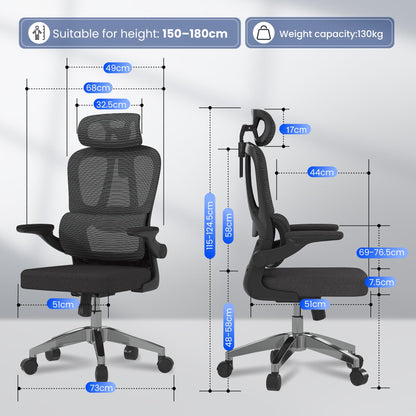 FLEXISPOT ergonomischer Bürostuhl mit 2D-Kopfstütze – Schwarz