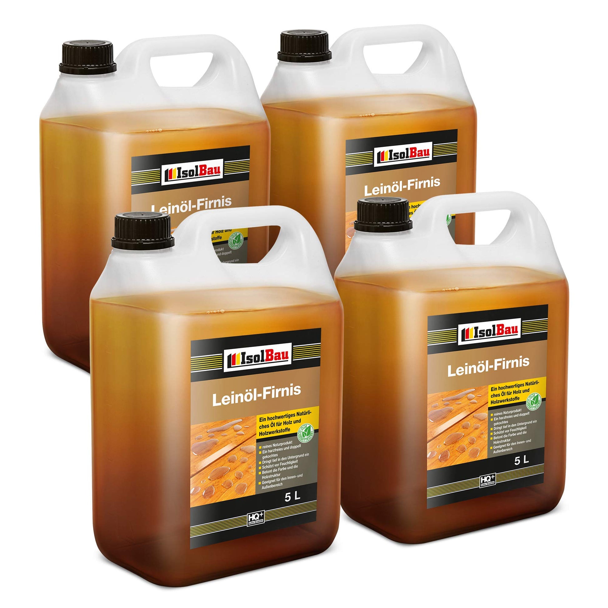 Isolbau Leinöl-Firnis Holzöl für Aussen und Innen – 4x5 Liter: Gelbliches, flüssiges Öl zum Schutz und zur Pflege von Holzflächen innen und außen.