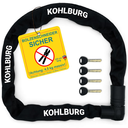 KOHLBURG Kettenschloss – 125cm Bolzenschneider-sicher Level 15. Robustes Gliederkettenschloss mit Textilummantelung. Schützt Fahrräder und Motorräder sicher vor Diebstahl.