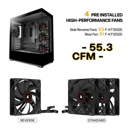 KEDIERS P4 PC-Gehäuse ATX Mid Tower mit 4 Lüftern, Schwarz