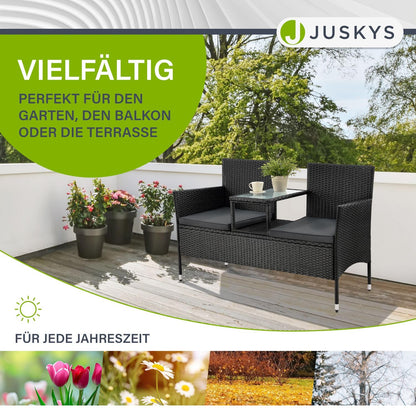 Juskys Polyrattan Gartenbank Monaco 2-Sitzer mit Tisch & Kissen schwarz
