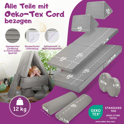Linodino® Spielsofa Cord Fantasiewelt Kindersofa Bausteine - Elefanten Grau