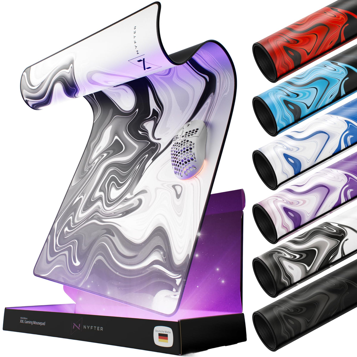 Nyfter Nyfpad XXL Gaming Mauspad 900x500 mm, Weiss-Schwarz, Liquid Design mit vernähten Kanten