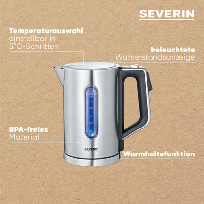 SEVERIN Wasserkocher WK 3418, 1,7 l, 3000 W, Edelstahl/schwarz