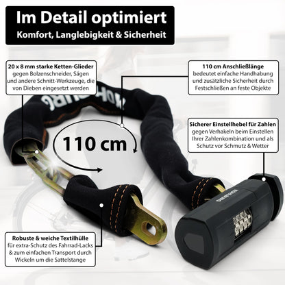 KOHLBURG Massives Zahlenschloss Kettenschloss 110cm Sold Secure GOLD