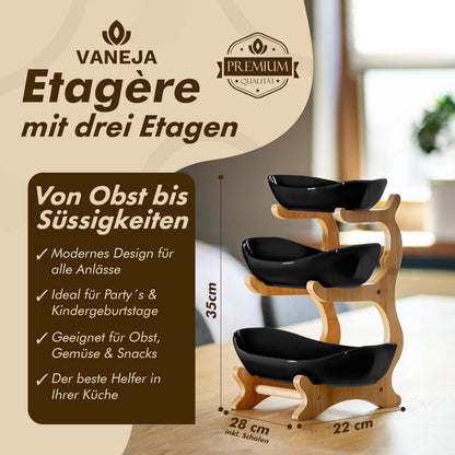 VANEJA Etagere 3-stöckig, Obstschale Keramik schwarz mit Bambusständer