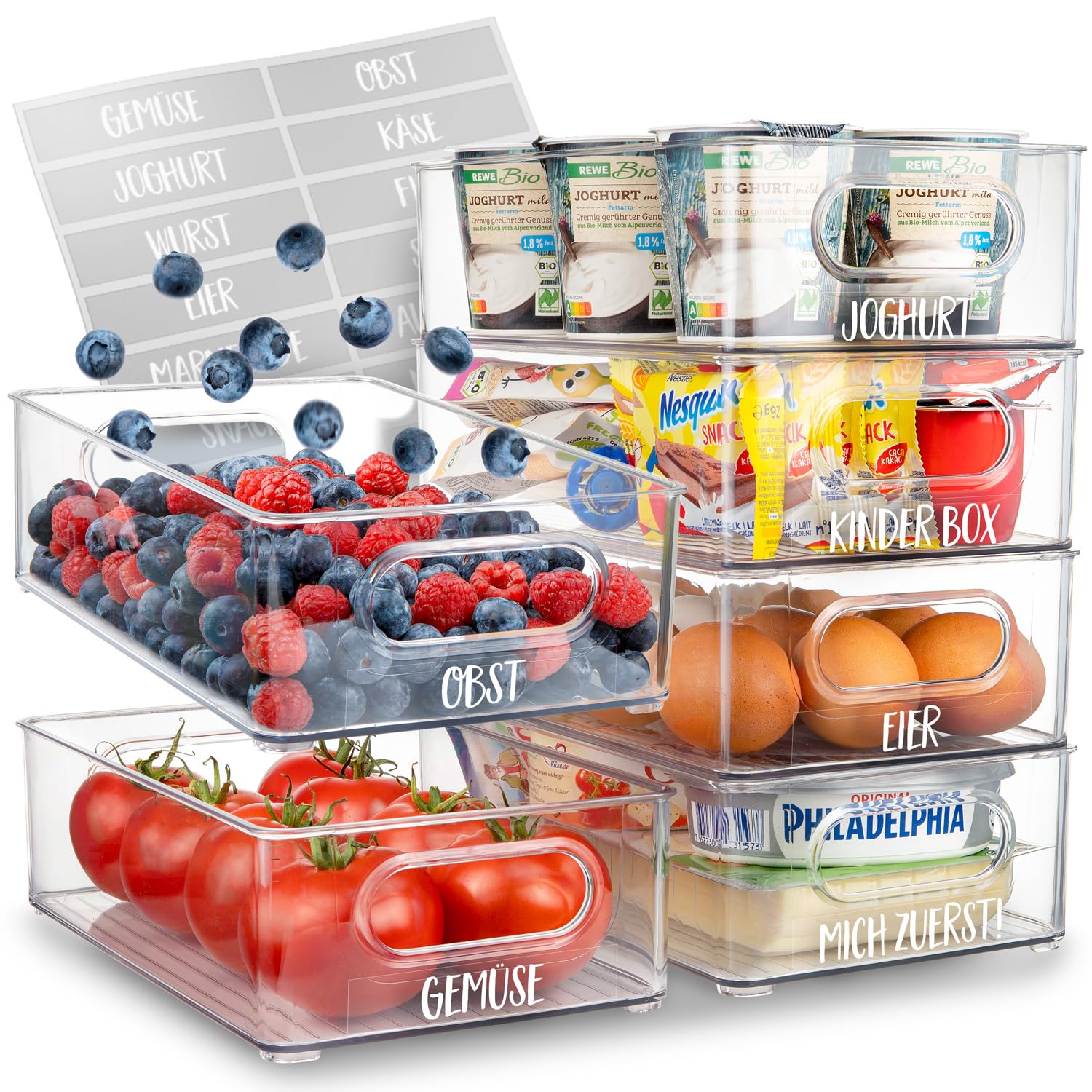 SimpleU Kühlschrank Organizer 6er Set mit 16 Aufklebern, BPA-frei
