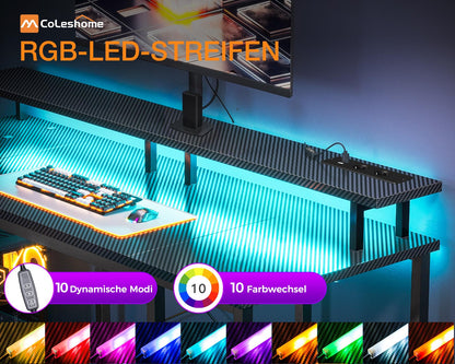 Coleshome Gaming Schreibtisch LED 120x50cm – Schwarz, Steckdosen, Monitorständer