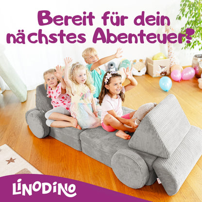 Linodino® Spielsofa Cord Fantasiewelt Kindersofa Bausteine - Elefanten Grau