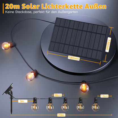 Ollny Solar Lichterkette Aussen 20 m, G40 LED, IP65, Fernbedienung