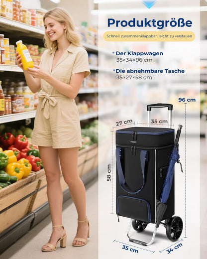 Ytonet Einkaufstrolley klappbar mit Kühlfach, 3-in-1, 55 L, schwarz