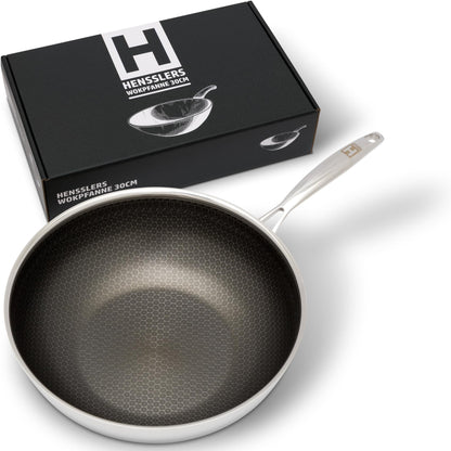 HENSSLERS® Wokpfanne 30cm – Beschichtet Induktion. Tiefe, dunkel beschichtete Pfanne für vielseitiges Braten & Rühren auf Induktionsherden.