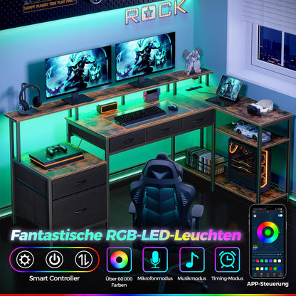 Rolanstar L-Form Schreibtisch Gaming mit Schubladen – Vintagebraun
