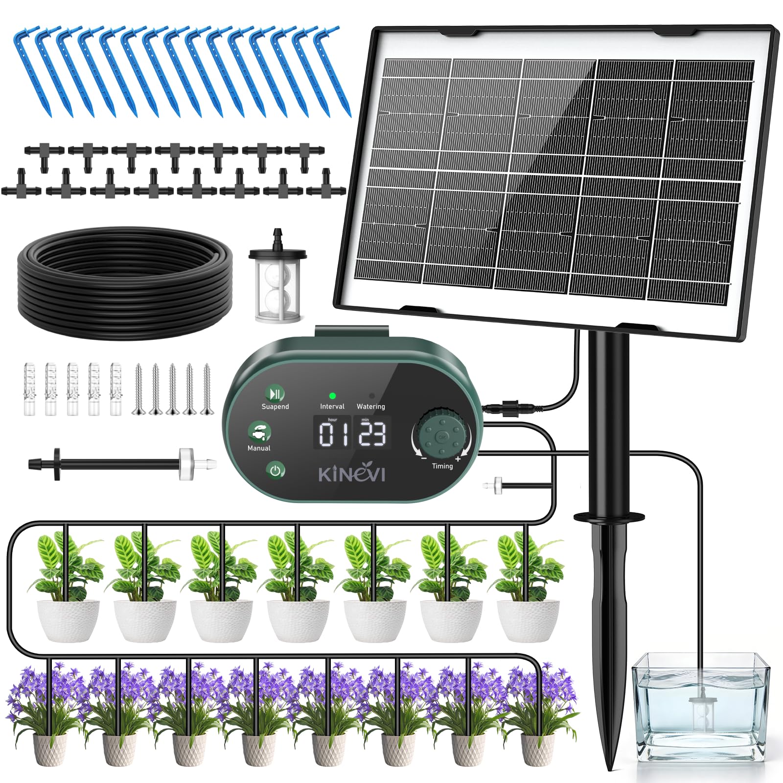 KINEVI Solar Bewässerungssystem, Tropfbewässerung Set mit 15m Schlauch, Solarpanel und Tropfstrahler