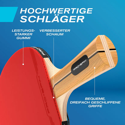 PRO-SPIN Tischtennisschläger Set mit Netz für 2 Spieler, Rot