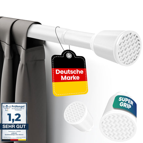 LOBUX Gardinenstange ohne Bohren, Teleskopstange weiss, 260–350 cm aus Karbonstahl, 32 mm Durchmesser