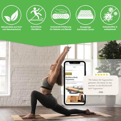 BACKLAXX ® Yogamatte Kork mit Naturkautschuk - FAZ Testsieger 10/2025 - Yoga Matte nachhaltig, schadstofffrei, Yogamatte rutschfest, Fitnessmatte mit Anti-Rutsch-Zonen inkl. Tragegurt, Turnmatte