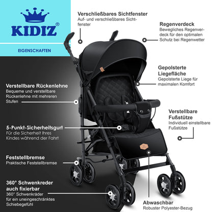 KIDIZ® City-Pro Kinderwagen Buggy mit Liegefunktion - Schwarz