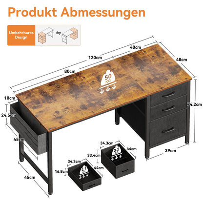 Coleshome Computertisch 120x48cm mit 3 Stoff Schubladen - Braun