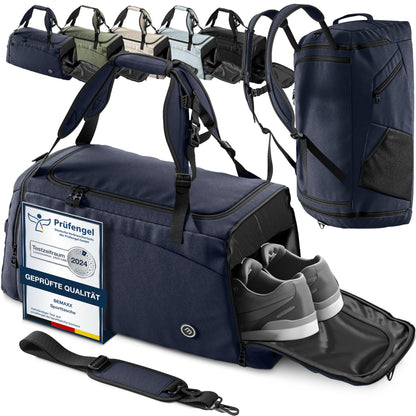 BeMaxx Sporttasche mit Rucksackfunktion, Schuhfach, 40 L, Blau – mit Schultergurt und gepolsterten Griffen