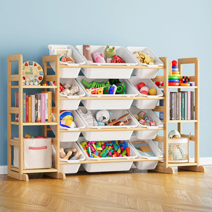 SpaceAid Spielzeug-Organizer mit Bücherregal und 12 Behältern, Weiss, aus massivem Kiefernholz