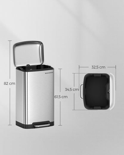 SONGMICS Mülleimer 30 Liter, Treteimer aus Stahl, Softclose, silbern